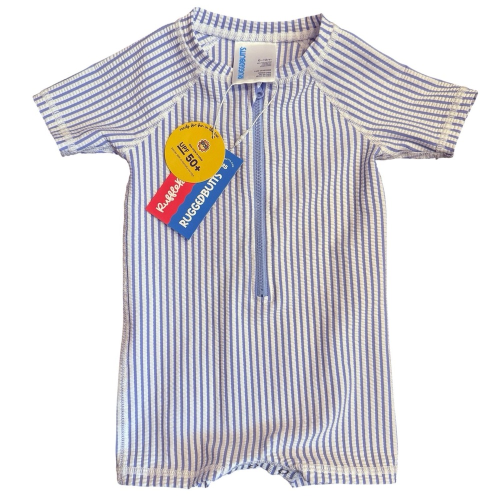 RuggedButts Periwinkle Blue Seersucker One Piece Rash Guard UPF 50+ 6-12M